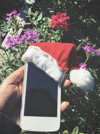 Smart phone with christmas hat