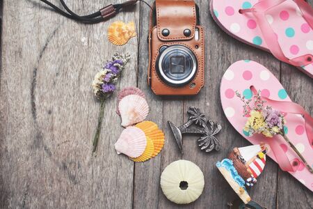 Travel accessories of summer at beachの写真素材