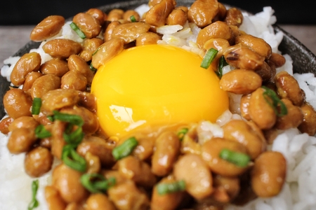 Natto with cooked rice and egg japanese foodの写真素材