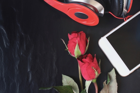 Red rose with earphone and smart phoneの写真素材