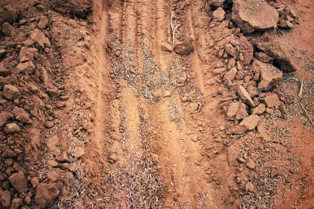 Wheel tracks on the soilの写真素材