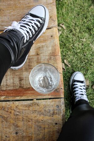 Selfie of water drink with handの写真素材