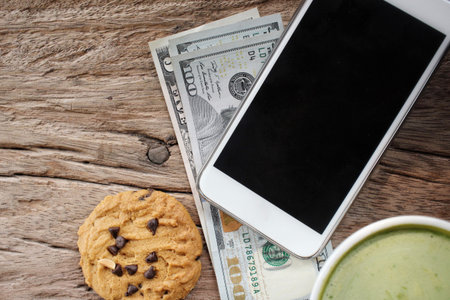 Smart phone with dollar and hot green tea