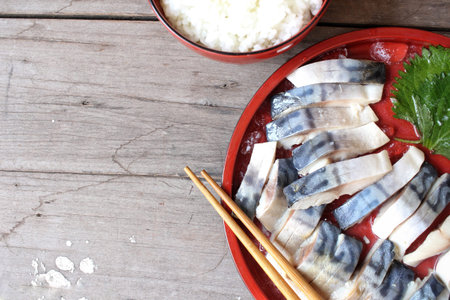 Saba fish sashimi with riceの写真素材