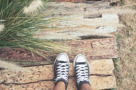 Selfie of sneakersの写真素材