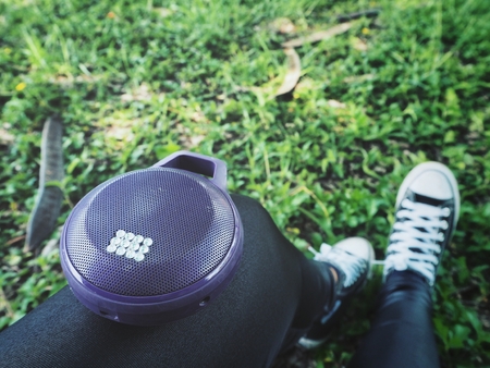 Woman using speakerの写真素材