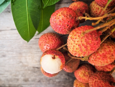 lychee on wood backgroundの写真素材
