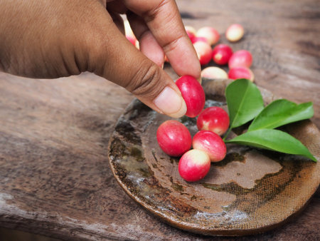 Miracle fruit with handの写真素材