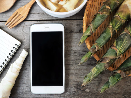 Chinese soup and bamboo shoot with smart phone