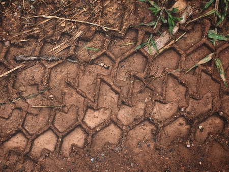 Wheel tracks on the soilの写真素材