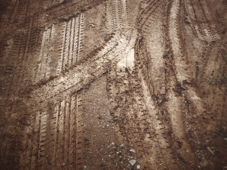 Wheel tracks on the soilの写真素材