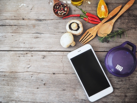Bluetooth speaker with smart phone at kitchenの写真素材