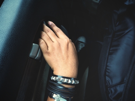 Woman opens the door carの写真素材