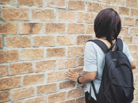 Woman traveling with backpackの写真素材