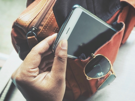 Smart phone with sun glasses and bagの写真素材