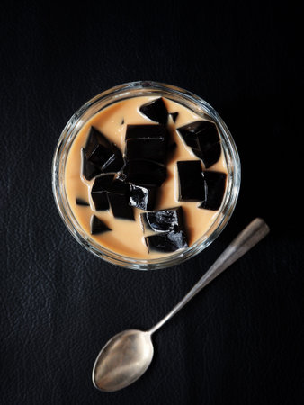 Coffee jelly on black backgroundの写真素材