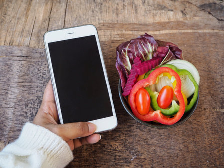 Fresh vegetable salad with smart phoneの写真素材