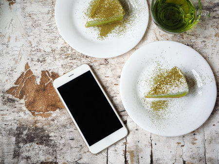 Smart phone green tea with cake