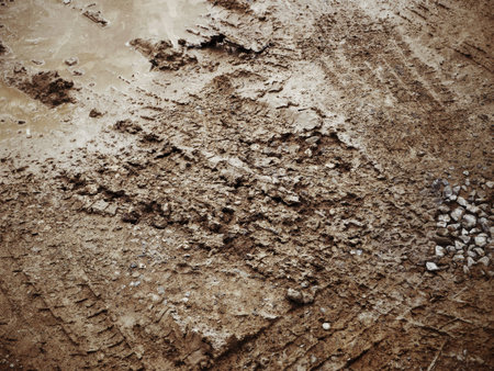 Wheel tracks on the soilの写真素材