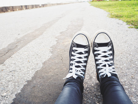 Selfie of sneakersの写真素材