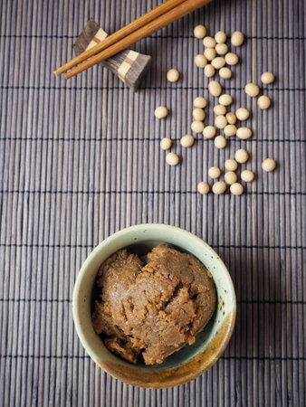 Miso paste with wood chopsticksの写真素材