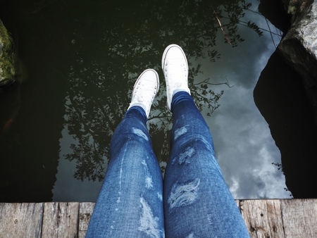 Selfie of sneakers with waterの写真素材