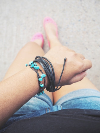 Leather bracelet on handの写真素材