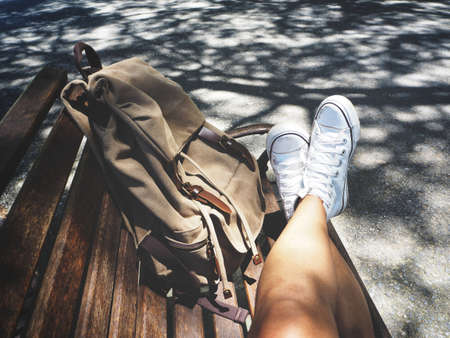 Woman traveling with backpackの写真素材