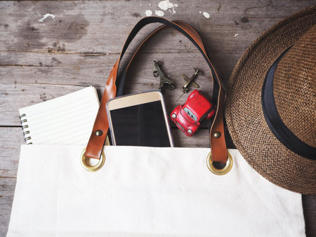 Travel accessories of toy plane and bag with smart phone and hat