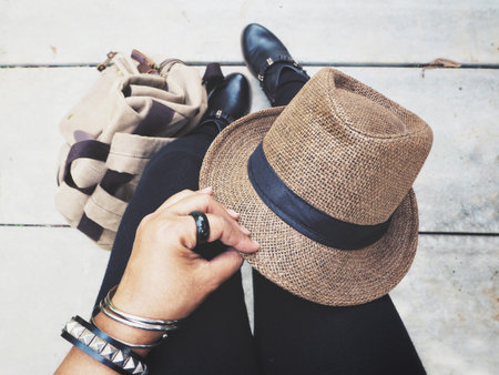 Selfie of shoes with bag and hat travel