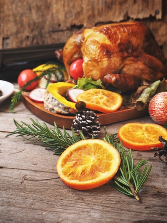 Roasted turkey with christmas decorationの写真素材