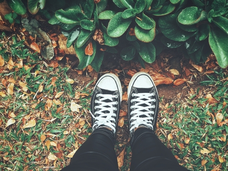 Selfie of sneakers with green leavesの写真素材