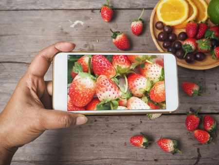 Taking a photo of fresh strawberries with smart phoneの写真素材
