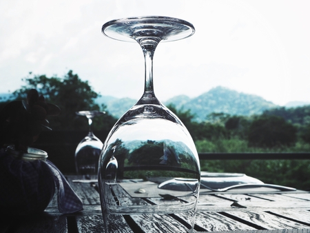 Empty wine glass on tableの写真素材