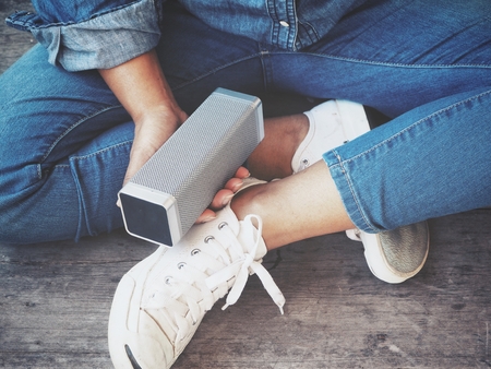 Bluetooth speaker on handの写真素材