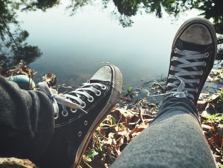 Selfie of sneakersの写真素材