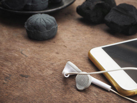 Smart phone and earphones with mochiの写真素材