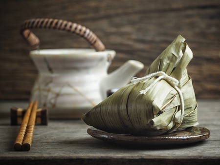 Zongzwith hot tea Chinese foodの写真素材