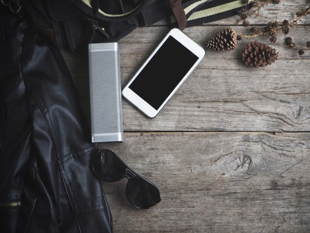 Bluetooth speaker and smart phone on tableの写真素材
