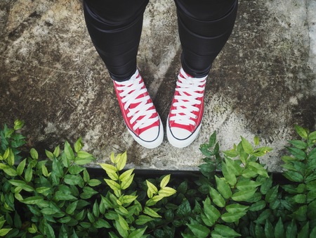 Selfie of red sneakers with green leavesの写真素材