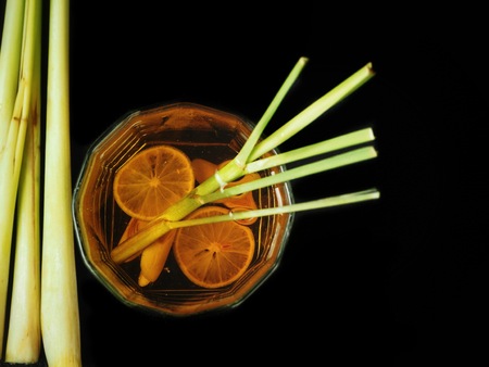 Lemon grass tea on black backgroundの写真素材