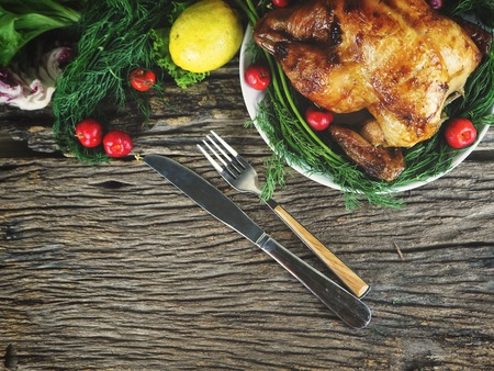 Roasted turkey and vegetables for thanksgiving dayの写真素材