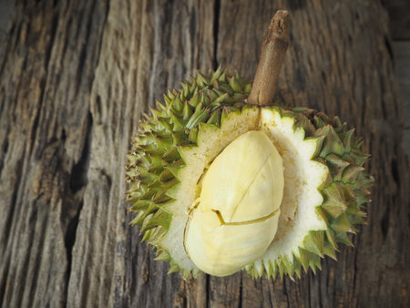 Durian tropical fruit on wood backgroundの写真素材