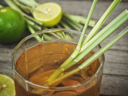 Lemon grass tea on wood backgroundの写真素材