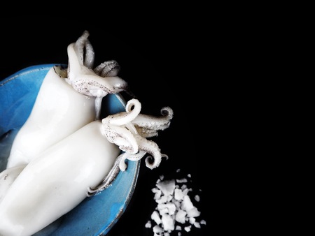 Fresh squid seafood on black backgroundの写真素材