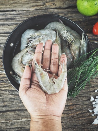 Fresh shrimp seafood on handの写真素材