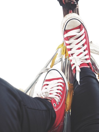 Selfie of red sneakers lifestyle so coolの写真素材