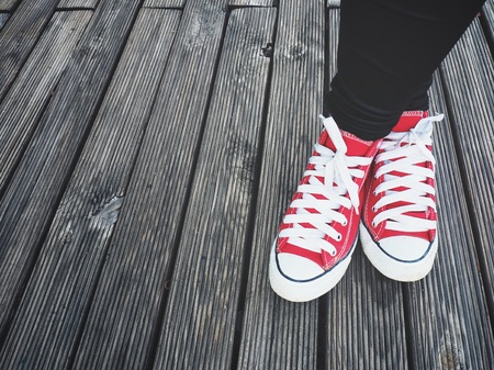 Selfie of red sneakersの写真素材