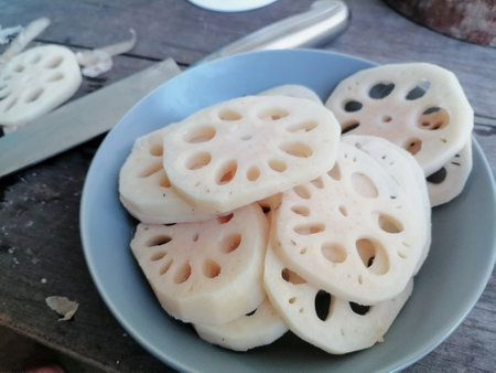 Cooking fresh lotus root vegetablesの写真素材