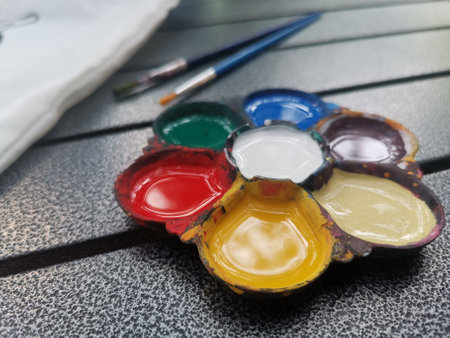 Close up of water color paint back to schoolの写真素材